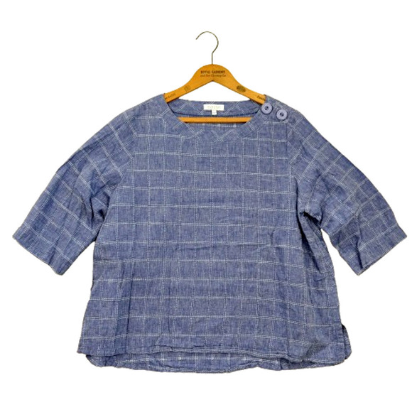 Habitat Linen Blend Boat Neck Top Size L Blue Check Nautical Half Sleeve - Picture 1 of 8